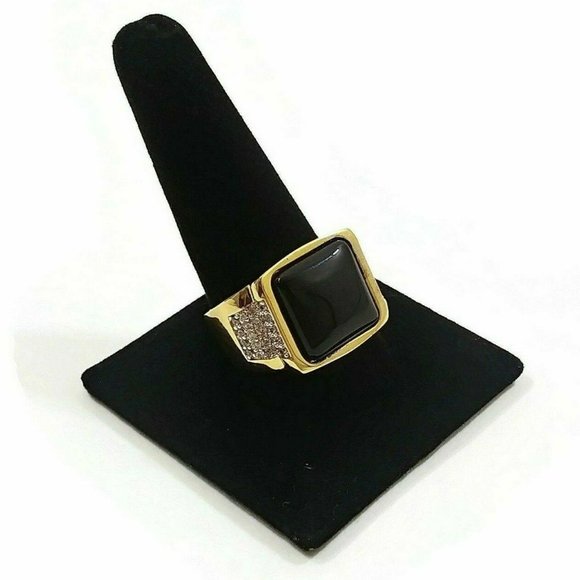 Men's Ring Black Square Stone Goldtone Jewelry
